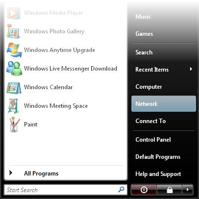 [ Vista-style Start menu, 'Network' highlighted ]